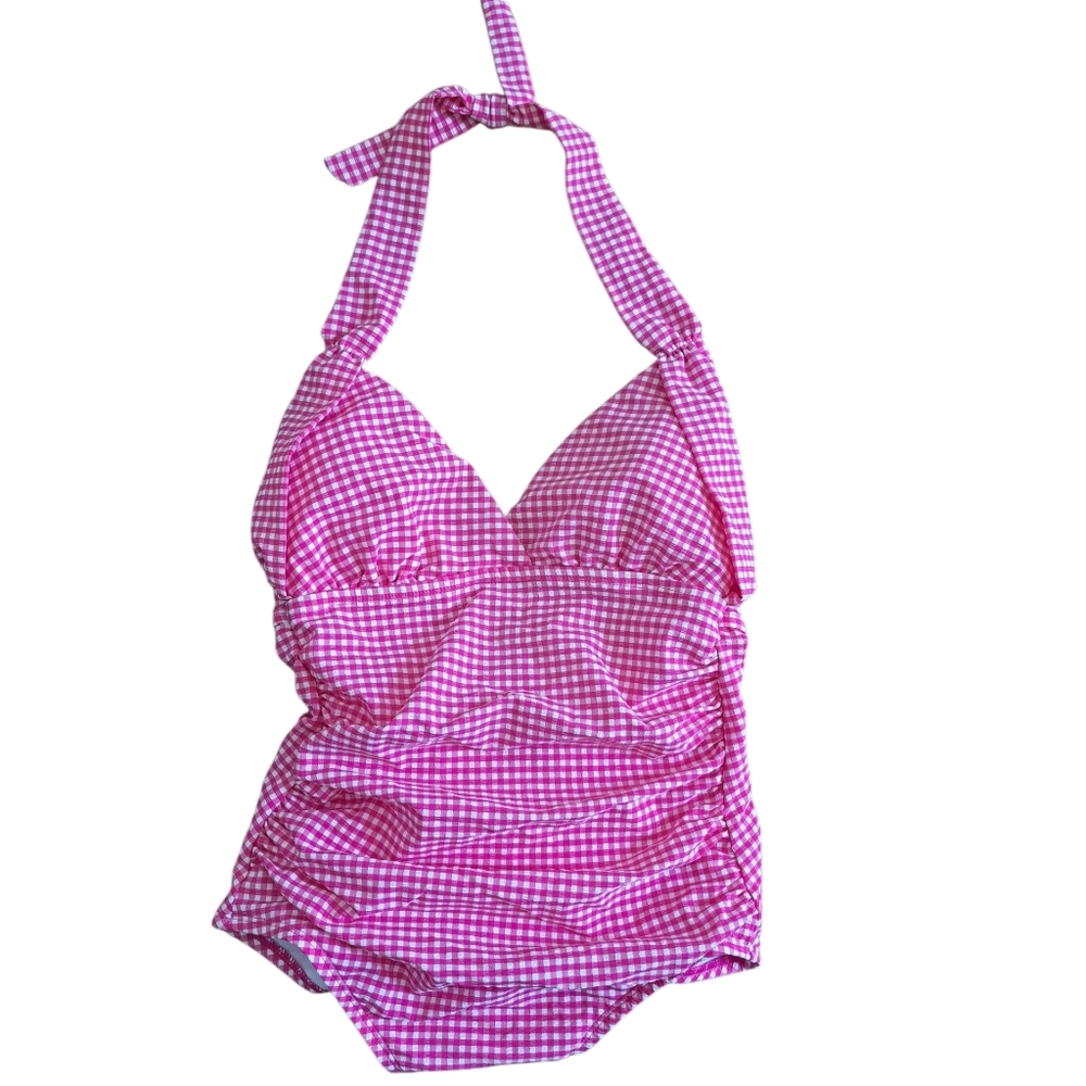 Draper James Gigham Seersucker Halter Swimsuit Pink White Large